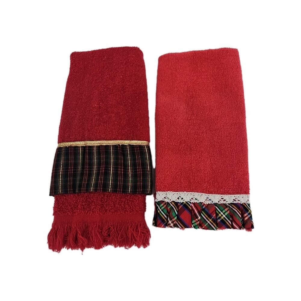 Vintage 1990's Bundle Of 2 Red Plaid Christmas Fingertip Hand Towel Cotton USA